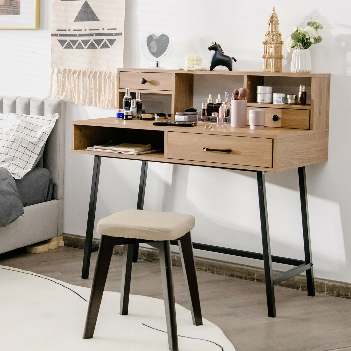 Multifunctional Dressing Table with 3 Drawers and Open Shelves